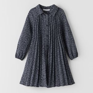 Zara Navy Floral Pleated Long-Sleeve Kids Dress